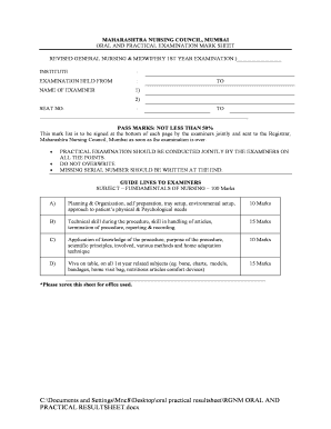 Maharashtra Nursing Council Oral and Practical Exam Mark Sheet