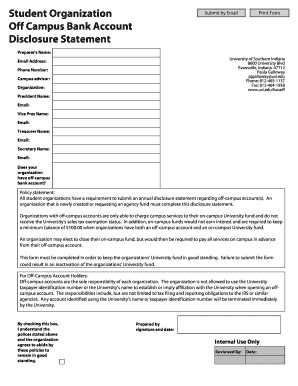 Student bOrganizationb Off Campus Bank Account Disclosure bStatementb