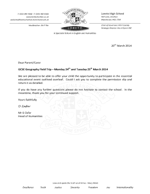 GCSE Geography Field Trip Letter 24th & 25th March 2014 - loretochorlton