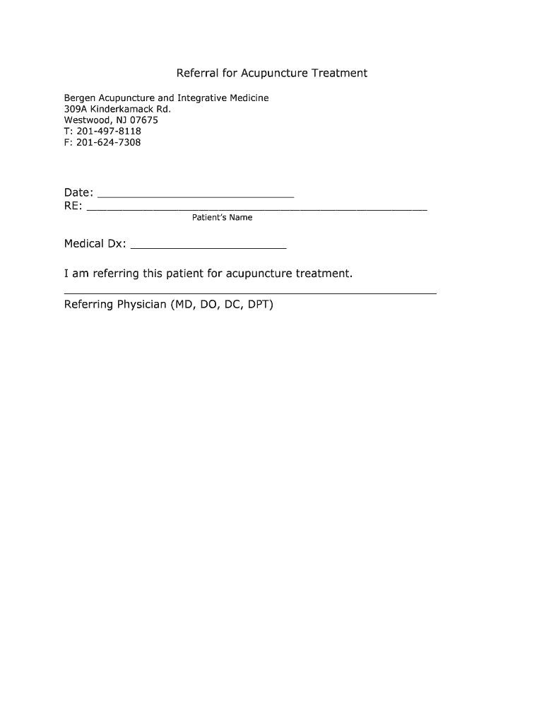 Fillable Online Referral for Acupuncture Bergen Acupuncture and