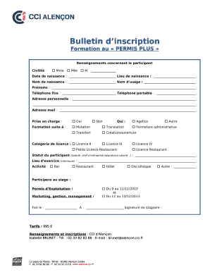 Bulletin dinscription Formation au PERMIS PLUS Renseignements concernant le participant Civilit : Mme Mlle M - alencon cci