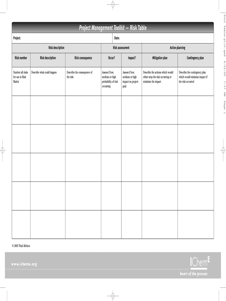 P roject Management Toolkit Risk Table - MIME Solutions Limited Preview on Page 1