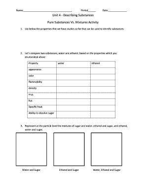 Unit 4 - Describing Substances Pure Substances Vs. Mixtures Activity