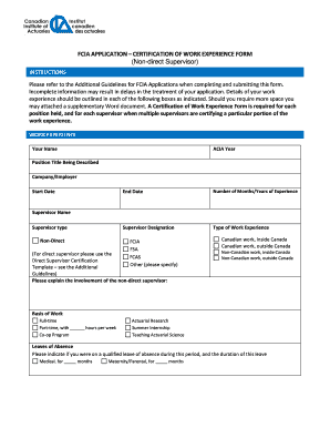 FCIA APPLICATION CERTIFICATION OF WORK EXPERIENCE FORM Non-direct supervisor