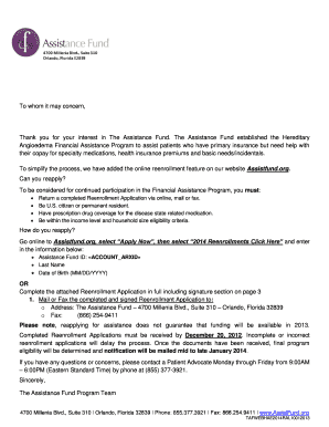 Sample letter of appreciation for financial support - The Assistance Fund established the Hereditary Angioedema Financial Assistance Program to assist patients who have primary insurance but need help with their copay for specialty medications, health insurance premiums and basic - - - - - - -