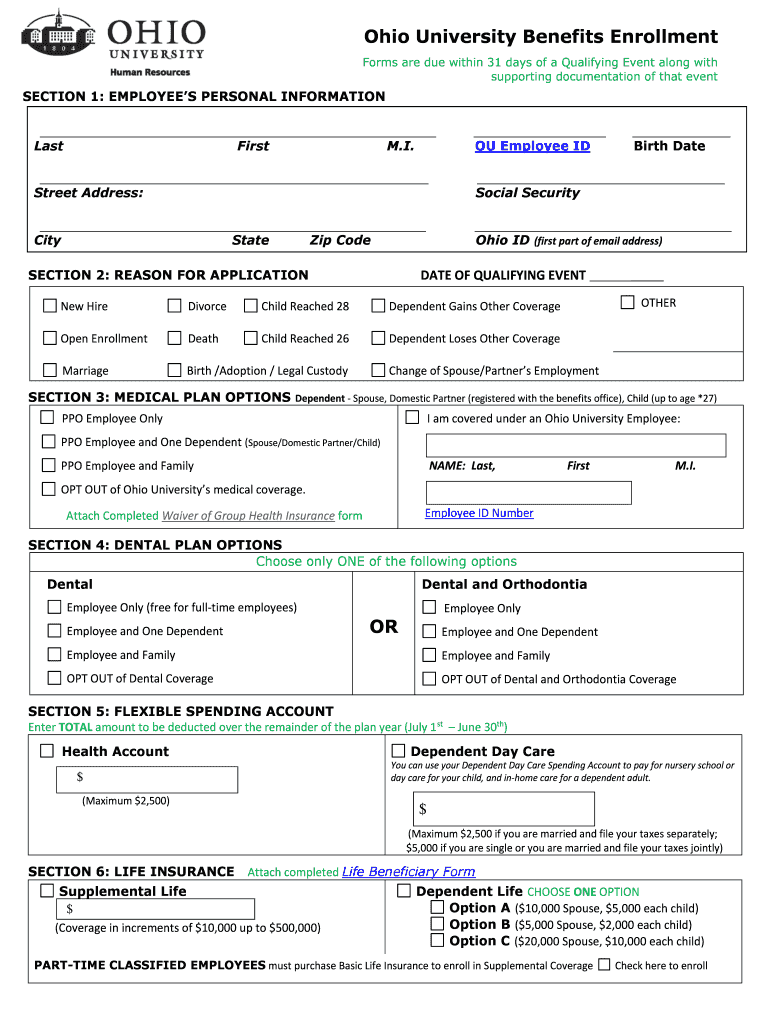 Fillable Online ohio OHIO UNIVERSITY 2002 BENEFITS ENROLLMENT Fax Email Print pdfFiller