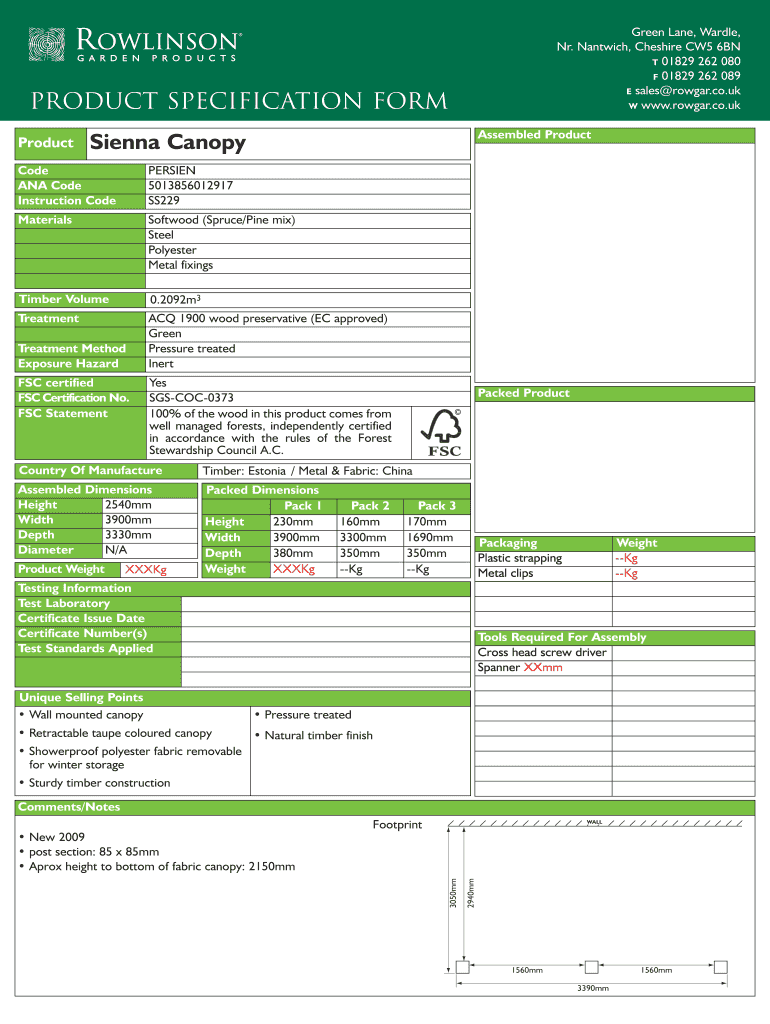 Product Specification Form W Product Sienna Canopy - gardenchic co Preview on Page 1.