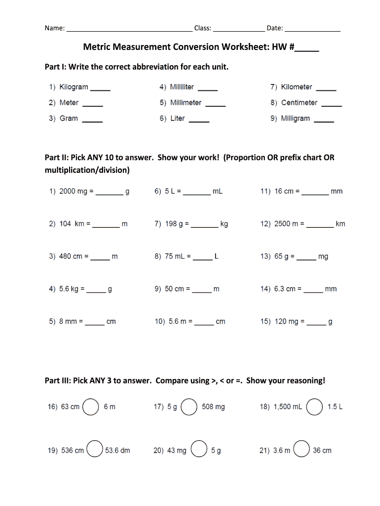 Fillable Online Metric Measurement Conversion Worksheet HW Fax Email ...