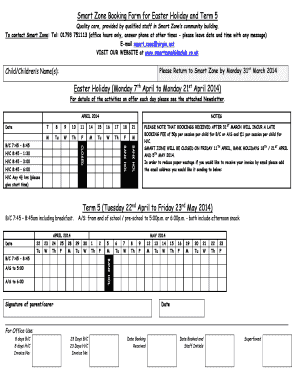 Smart Zone Booking Form for Easter Holiday and Term 5