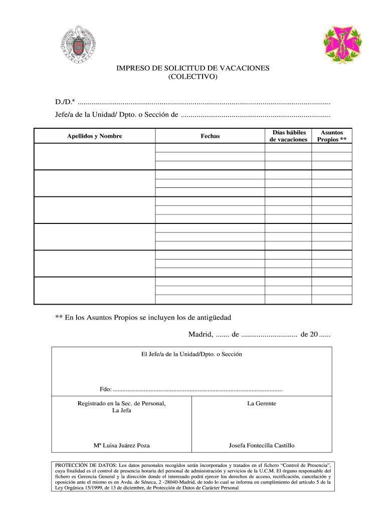 IMPRESO DE SOLICITUD DE VACACIONES (COLECTIVO) D Vista previa en la página 1