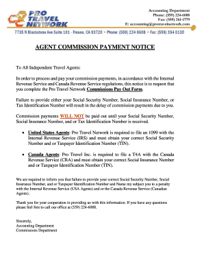 Agent commission payment notice - Pro Travel Network