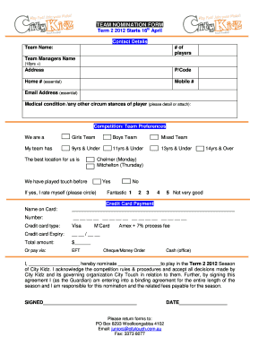 Beer label template word - TEAM NOMINATION FORM Term 2 2012 Starts 16th April Contact Details Team Name: # of players Team Managers Name (18yrs +) Address P/Code Home # (essential) Mobile # Email Address (essential) Medical condition /any other circum stances of - -