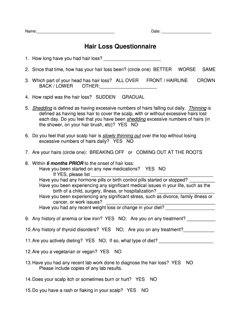 Fillable Online Hair Loss Questionnaire Houston Dermatologist Fax