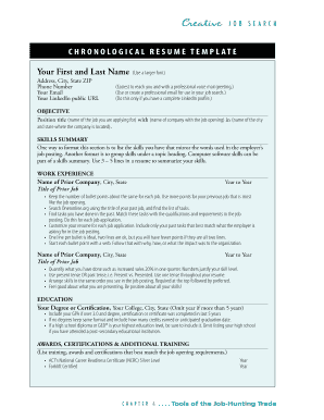 Creative J O B S E A R C H C H R O N O LO G I C A L R E S U M E T E M P L AT E Your First and Last Name (Use a larger font) Address, City, State ZIP Phone Number Your Email Your LinkedIn public URL (Easiest to reach you and with a - mn