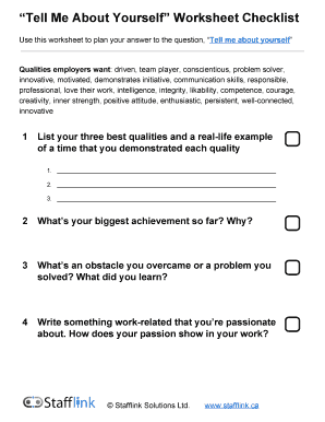 Tell Me About Yourself Worksheet Checklist - Stafflink Solutions