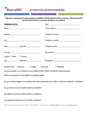 Ayurveda Wellness Questionnaire - Reena Patel MD