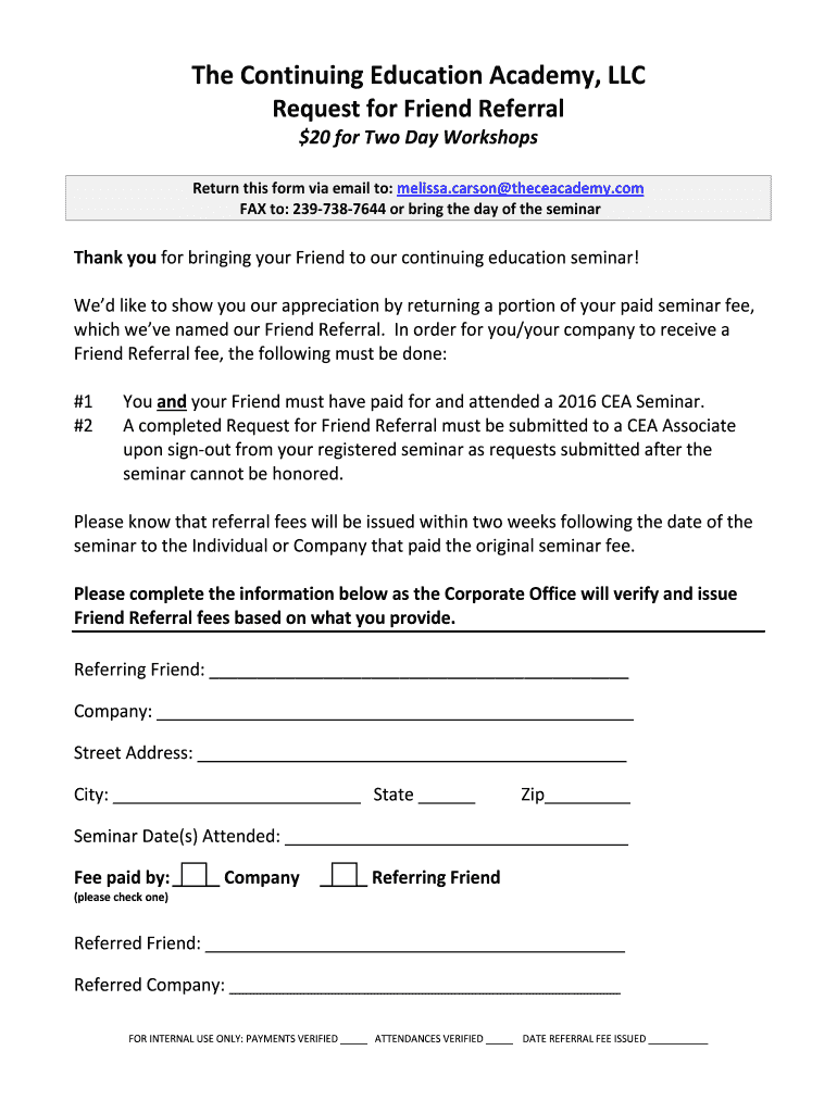 Fillable Online Refer A Friend Form The Continuing Education Academy