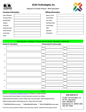 Request for Sample Analysis Meat Speciation Billing Information Customer Information Date of Request: Name on Card: Company Name: Card Address: Requested By: City / State: Address: Zip/Postal Code: City/State: Card Number: Zip/Postal Code: