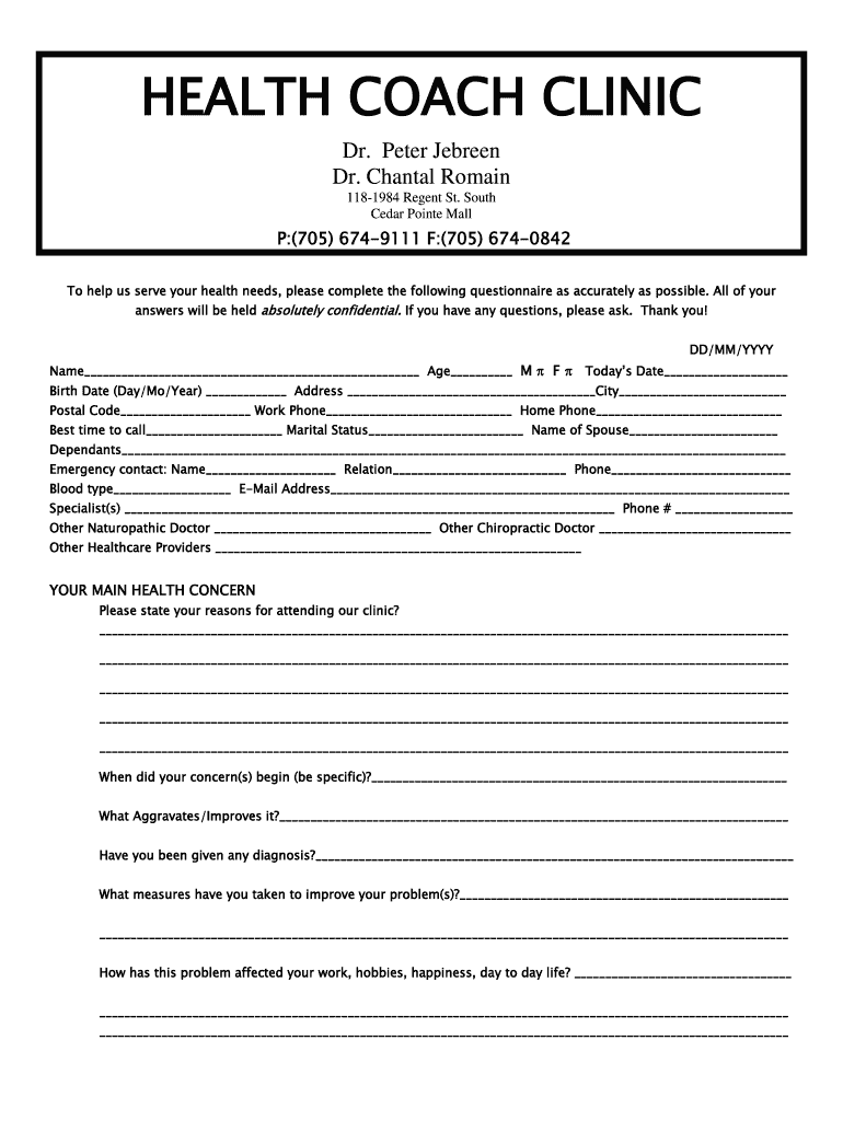Adult Intake Form - Health Coach Naturopathic Health Centre Preview on Page 1