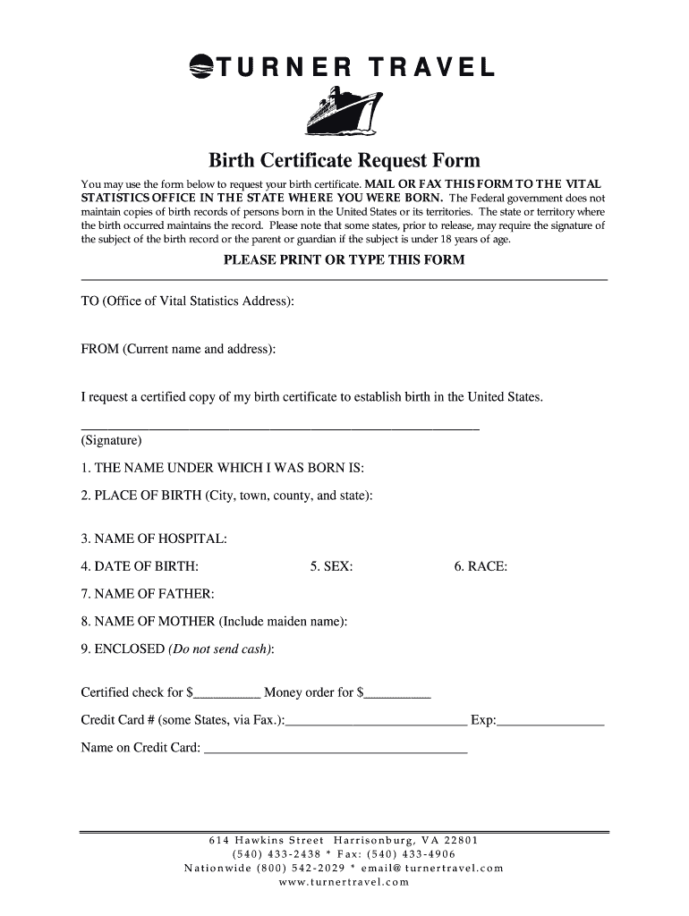Fillable Online Birth Certificate Request Form Turner Travel Fax