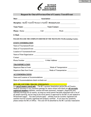 Request for Out of-ProvinceOut of Country TravelEvent