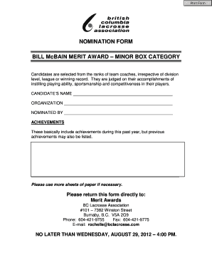 NOMINATION FORM BILL McBAIN MERIT AWARD MINOR BOX CATEGORY