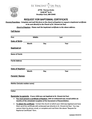 Application for baptism certificate - Request for baptismal certificate - Church of St Vincent de Paul - saintvdp