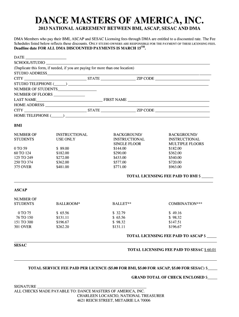 Fillable Online 2013 NATIONAL AGREEMENT BETWEEN BMI, ASCAP, SESAC AND