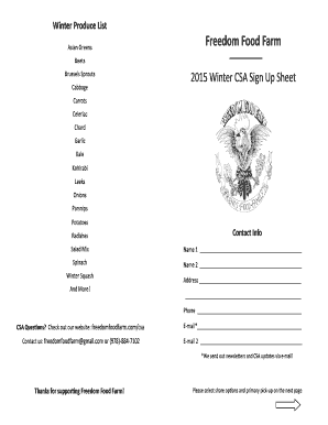 Breakfast potluck sign up sheet printable - 2015 Winter CSA Sign Up Sheet - Freedom Food Farm