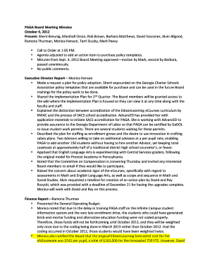 Minutes of meeting excel template with action items - PAGA Board Meeting Minutes October 9 2012 Present Ramona