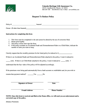 Lincoln Heritage Life Insurance Co Request To Reduce Policy