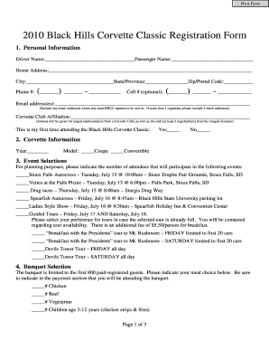 2010 BHCC Registration Form - Black Hills Corvette Classic