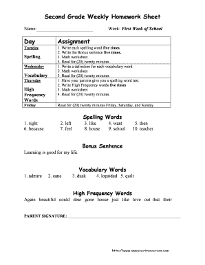 free 2nd grade weekly homework packet pdf