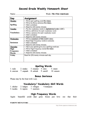 Second Grade Weekly Homework Sheet Name: Week: The First Americans Day Assignment Monday 1