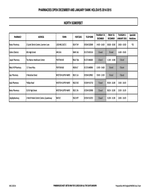 PHARMACIES OPEN DECEMBER AND JANUARY BANK HOLIDAYS 2014 - pmg org