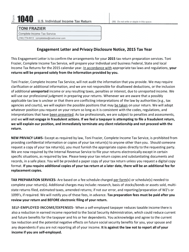 Fillable Online Engagement Letter and Privacy Disclosure Notice 2015 Tax Year Fax Email Print