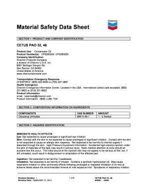 Gram conversion table - Material Safety Data Sheet SECTION 1 PRODUCT AND COMPANY IDENTIFICATION CETUS PAO 32, 46 Product Use: Compressor Oil Product Number(s): CPS293024, CPS293025 Company Identification Chevron Products Company a division of Chevron U