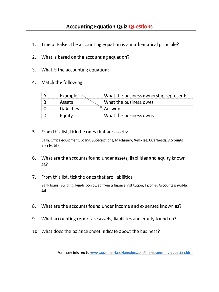 Fillable Online Accounting Equation Quiz Questions Beginner