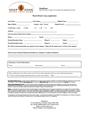 March Break Camp Application - Hoop Dome
