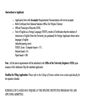 O Application form with Incomplete Requirements - science upd edu