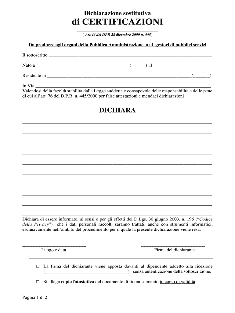 Compilabile Online Dichiarazione sostitutiva di CERTIFICAZIONI Fax Email Stampa pdfFiller