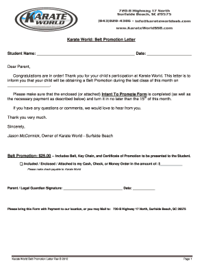 Fillable Online Your childs participation at Karate World This letter