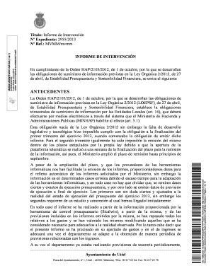 INFORME DE INTERVENCIN En cumplimiento de la Orden HAP 2105 2012, de 1 de octubre, por la que se des