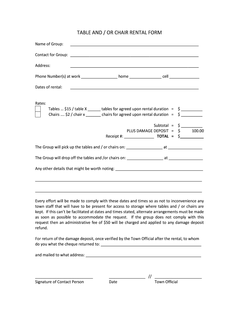 Tables And Chairs Rental Agreement Form - Fill Online, Printable Within party equipment rental agreement template