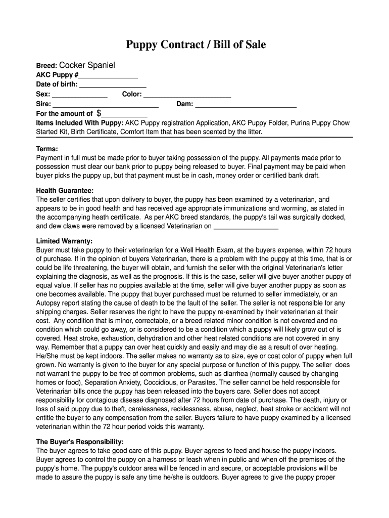 Spaniel Puppy Contract Sale Form Fill Online Printable Fillable 