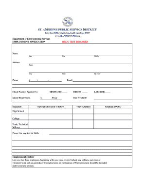 EMPLOYMENT APPLICATION DRUG TEST REQUIRED - standrewspsd