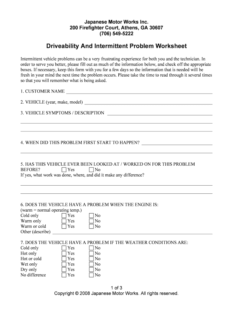 Fillable Online Driveability And Intermittent Problem Worksheet Japanese Motor Fax Email