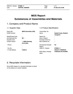 Bill of materials in construction - IMDS ID / Version: 974606 / 4 User: GRIFFIN, ANDREW Page: Date: 1/2 9/1/08 5:34:16 PM MDS Report Substances of Assemblies and Materials 1 - a1-plating co