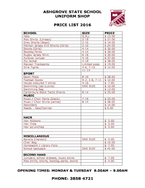 ASHGROVE STATE SCHOOL UNIFORM SHOP PRICE LIST 2016 - ashgrovess eq edu