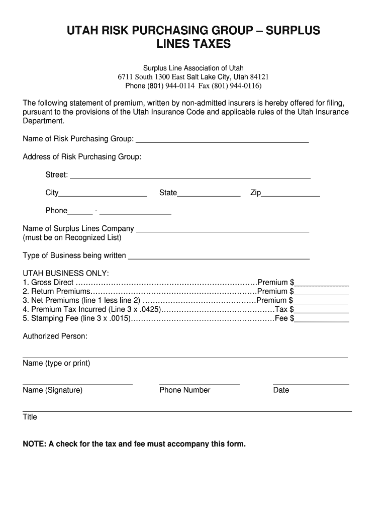 Fillable Online slaut Utah risk purchasing group surplus lines taxes